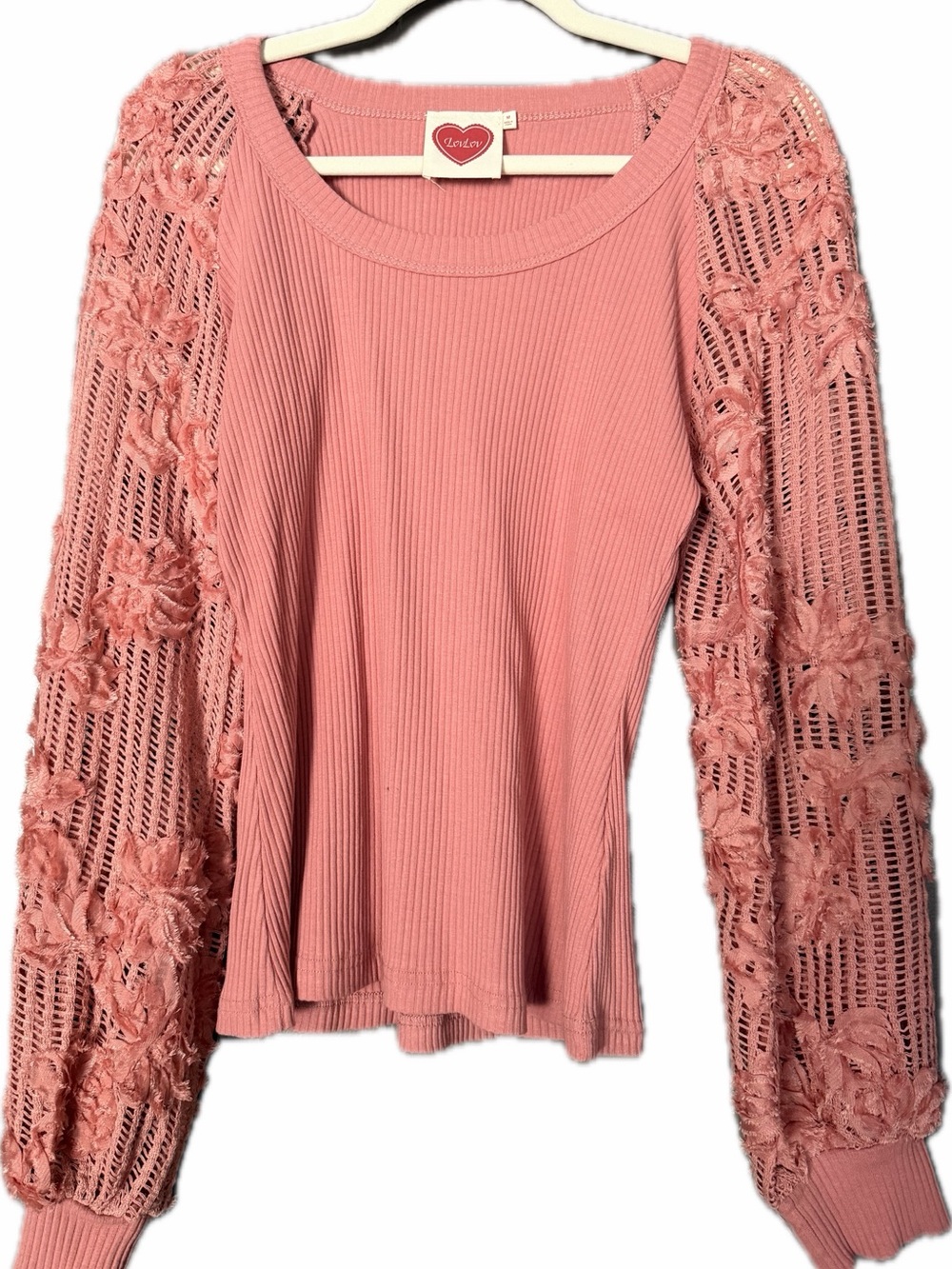 Rose Pink Ribbed Long Sleeve Top with Crochet Floral Sleeves